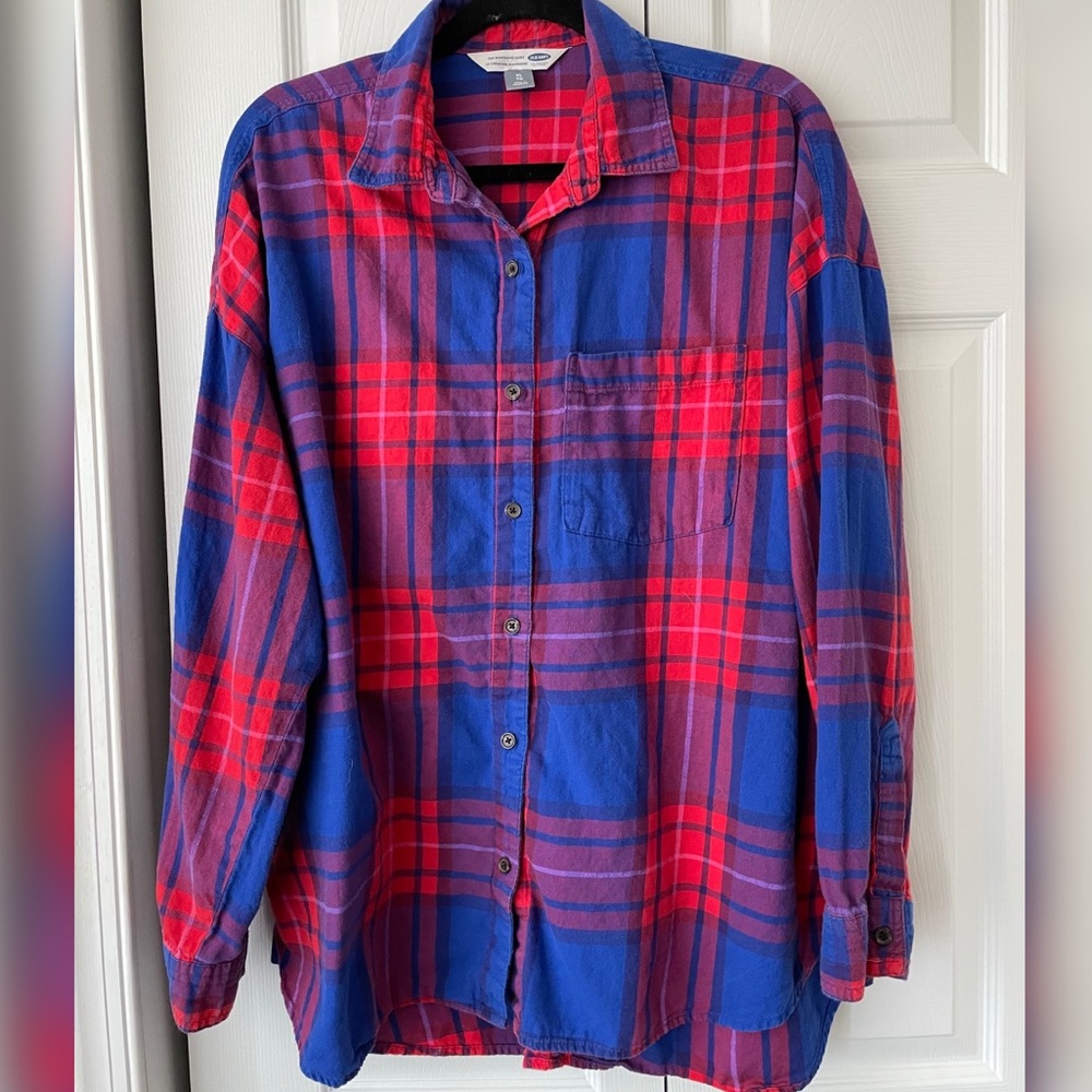 💖 Old Navy Boyfriend blue/red plaid flannel, XL